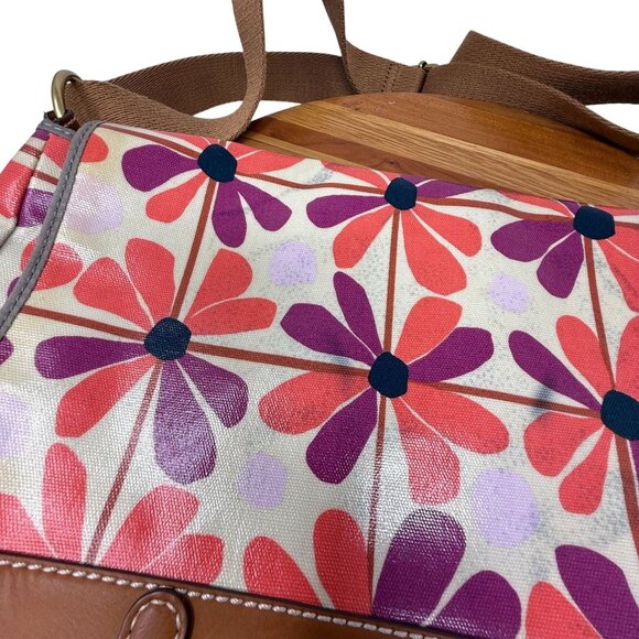 Fossil Key Per Coated Canvas Messenger Bag Floral Print 70s Flower Power Groovy - Picture 5 of 11